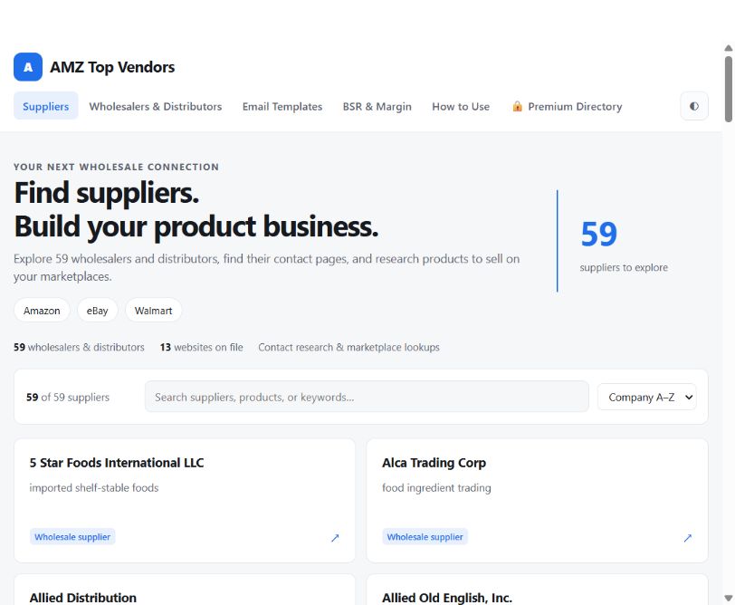 Actual AMZ Top Vendors supplier directory with searchable company cards